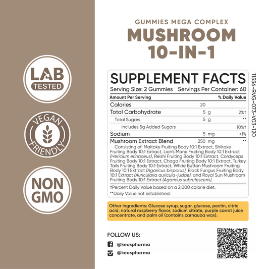 Mushroom Gummies Complex for Focus and Energy Boost 120x pcs 10-in-1 Mega Complex Lions Mane Supplement - Nootropic Superfood Mushroom Gummies for Adults Supplement 2 Months Supply