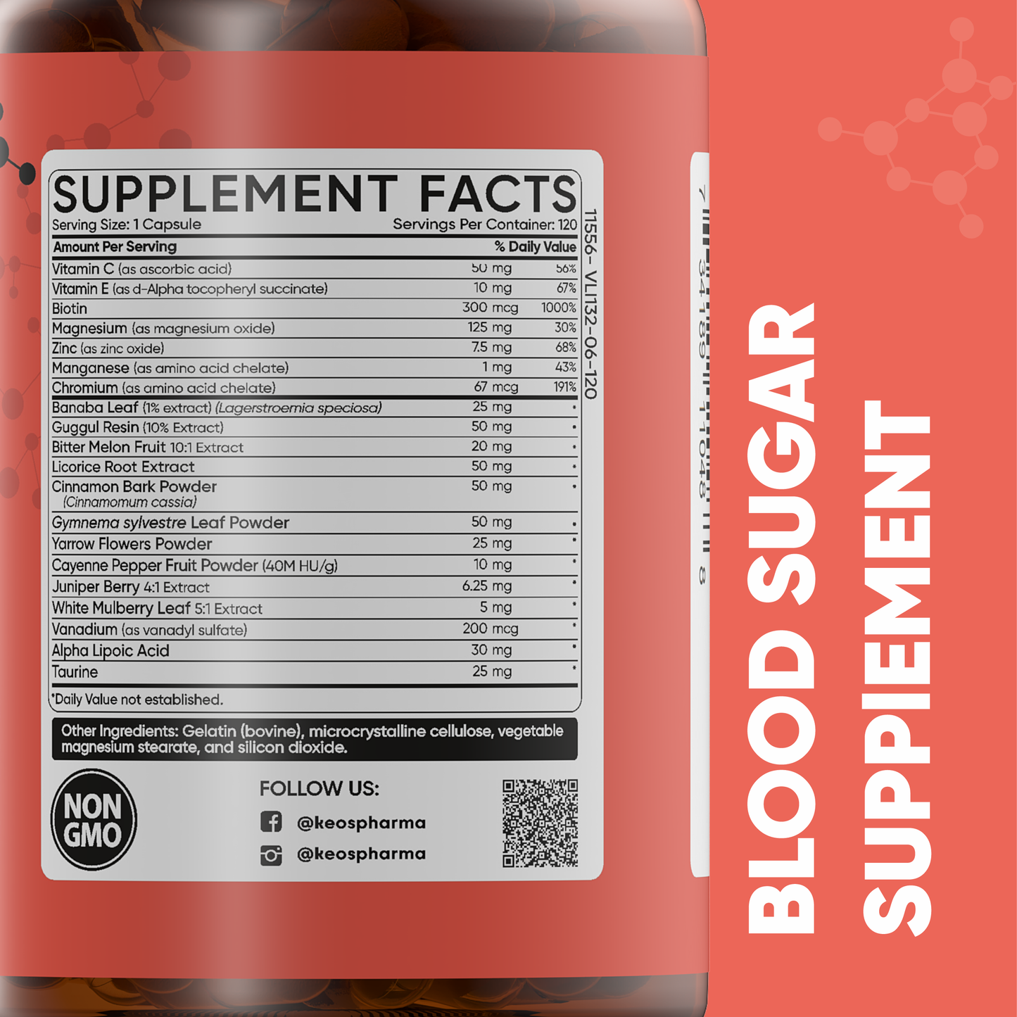 Blood Sugar Supplement, 120 Capsules, Up to 4 Months Supply with Magnesium, Cinnamon, Zinc, Vitamin C,E, Biotin and Infredients