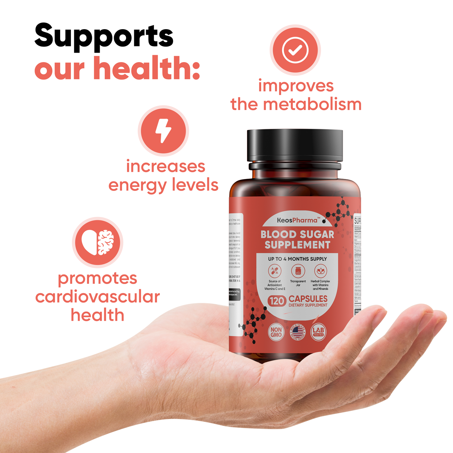 Blood Sugar Supplement, 120 Capsules, Up to 4 Months Supply with Magnesium, Cinnamon, Zinc, Vitamin C,E, Biotin and Infredients