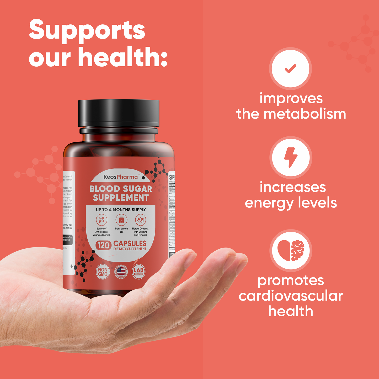 Blood Sugar Supplement, 120 Capsules, Up to 4 Months Supply with Magnesium, Cinnamon, Zinc, Vitamin C,E, Biotin and Infredients