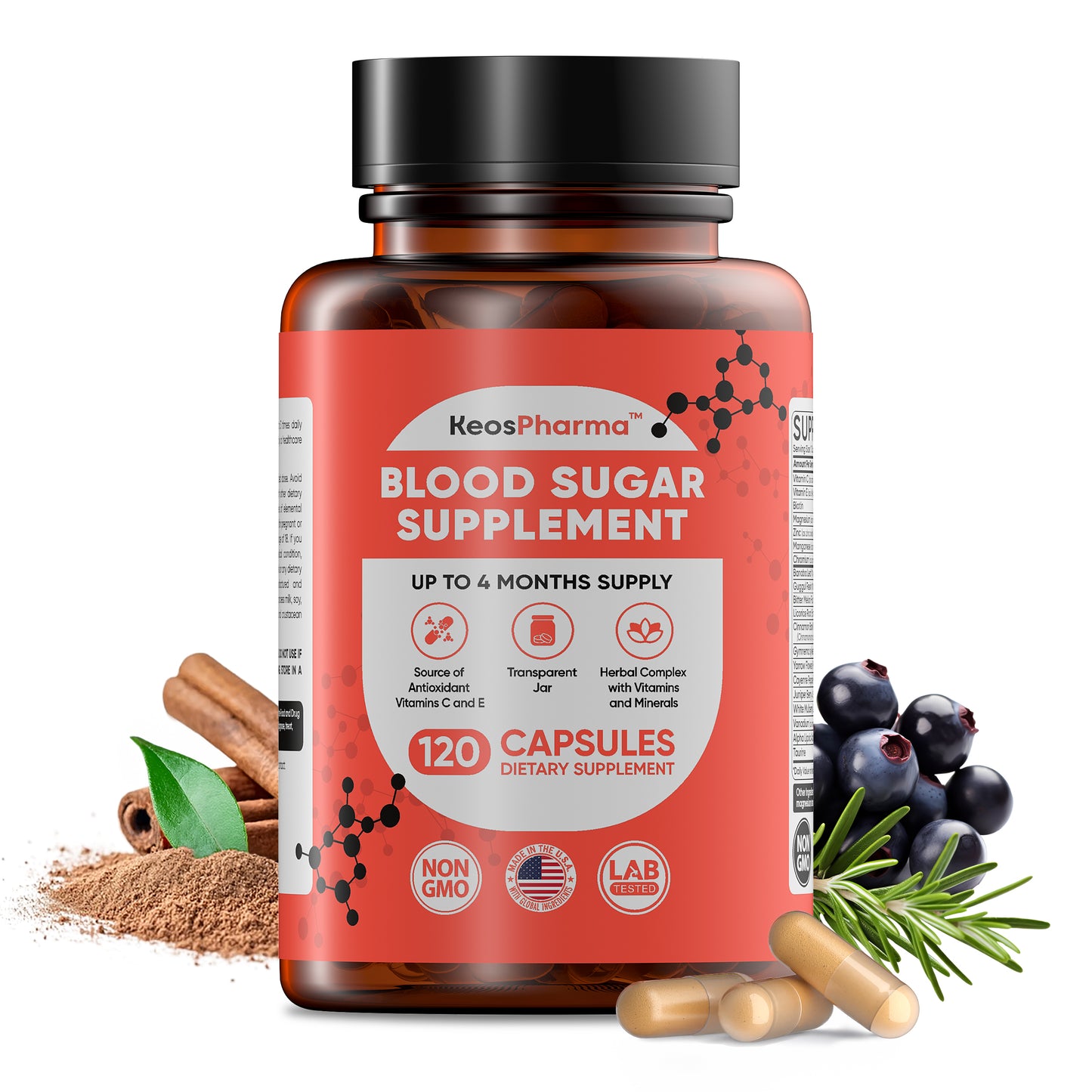 Blood Sugar Supplement, 120 Capsules, Up to 4 Months Supply with Magnesium, Cinnamon, Zinc, Vitamin C,E, Biotin and Infredients