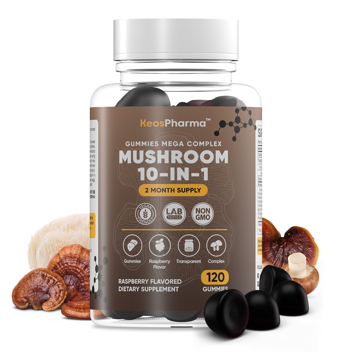 Mushroom Gummies Complex for Focus and Energy Boost 120x pcs 10-in-1 Mega Complex Lions Mane Supplement - Nootropic Superfood Mushroom Gummies for Adults Supplement 2 Months Supply